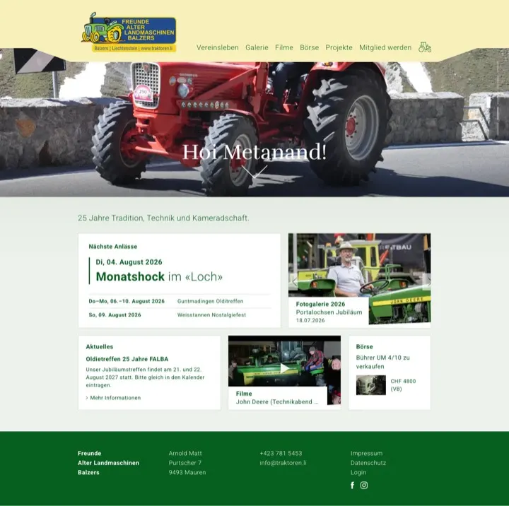 traktoren.li — komplette, von lie-one gebaute Website für den Verein Freunde alter Landmaschinen Balzers