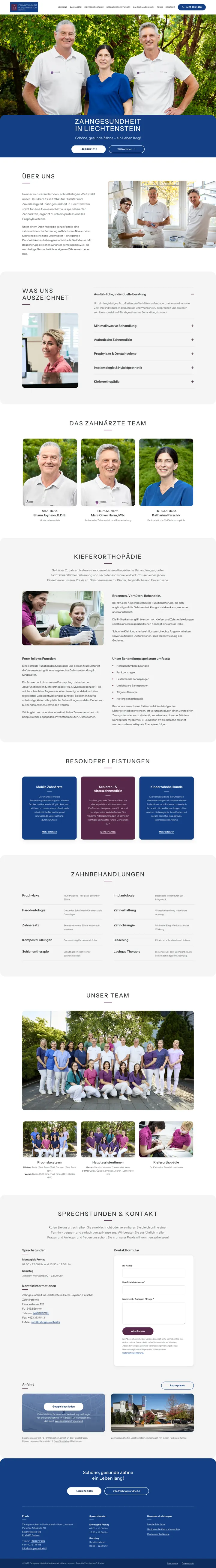 zahngesundheit.li, komplette Startseite: Praxisteam im Hero, tiefes Praxisblau, Leistungen und Team